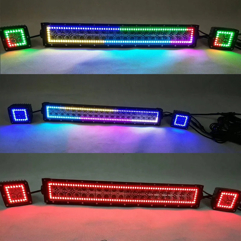 Car 22 inch 120W Chasing RGB Halo LED Light Bar With 3X3 Work Lights 16 Million Colors App Bluetooth Offroad SUV Light Set