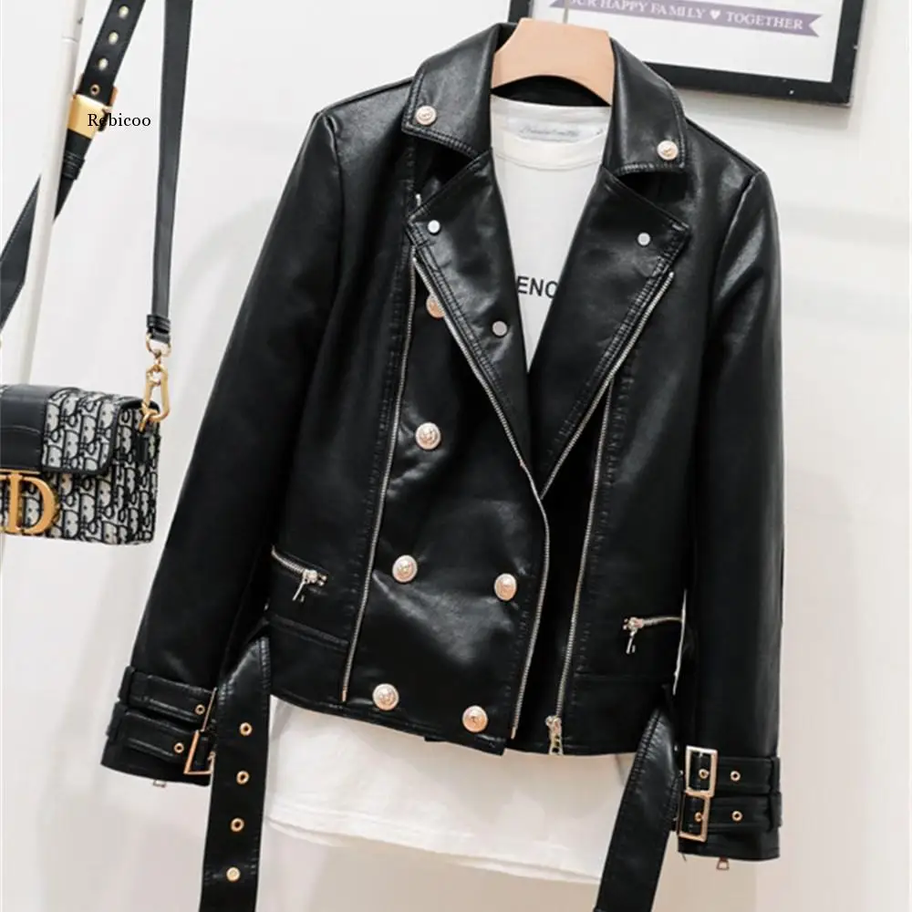 

Fashion zipper stitching pu leather jacket female Locomotive style double breasted pu leather outerwear leather jackets