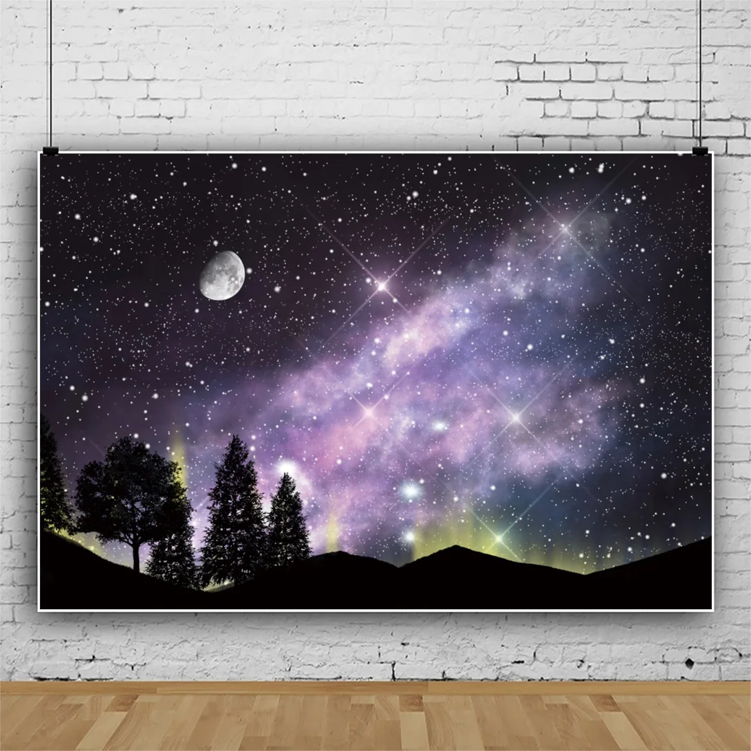 Laeacco Dreamy Starry Shiny Star sfondo fotografico vista notturna Galaxy Moon Forest Child Photocall Poster fondali fotografici