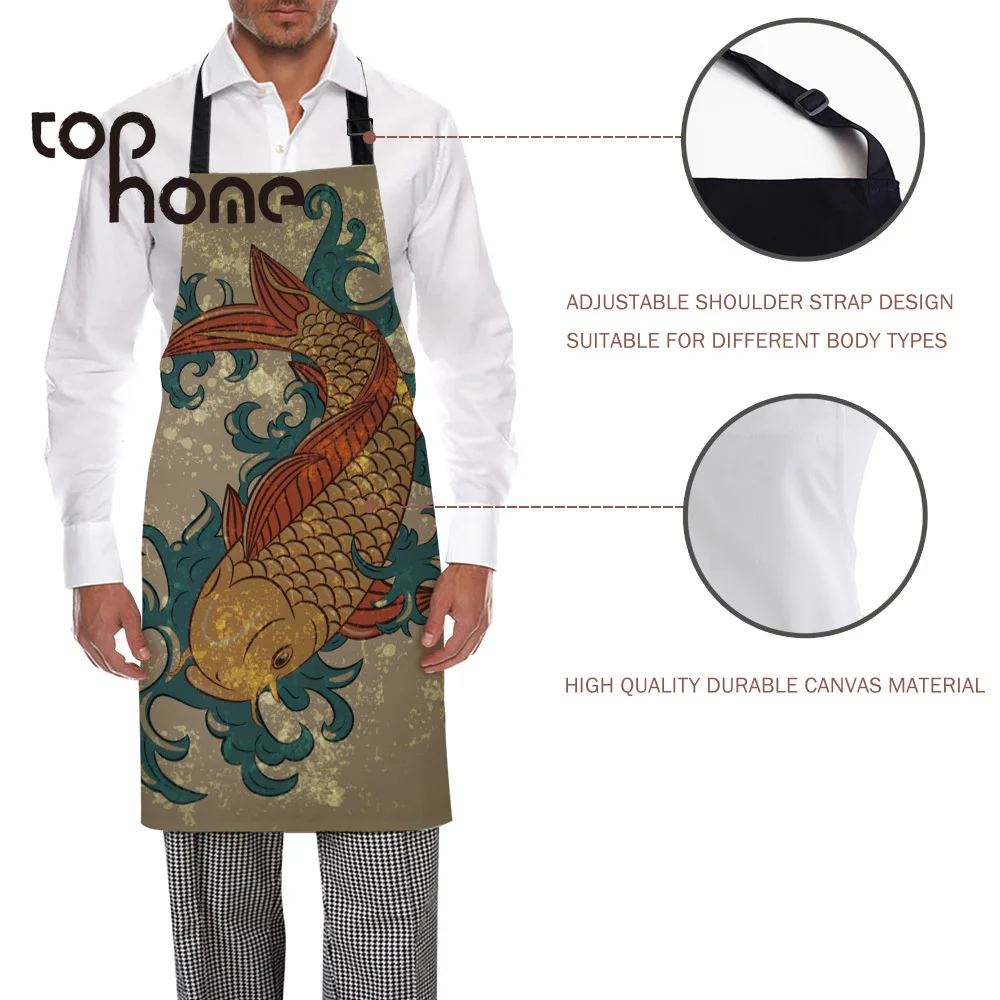 Tophome Kitchen Apron Japan Carp Koi Printed Adjustable Sleeveless Canvas Aprons for Men Women Kids Home Cleaning Tools