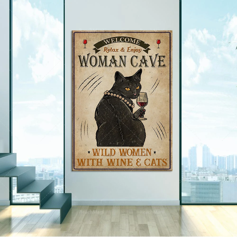 

Wine and cat poster, retro style, funny kitten decoration poster