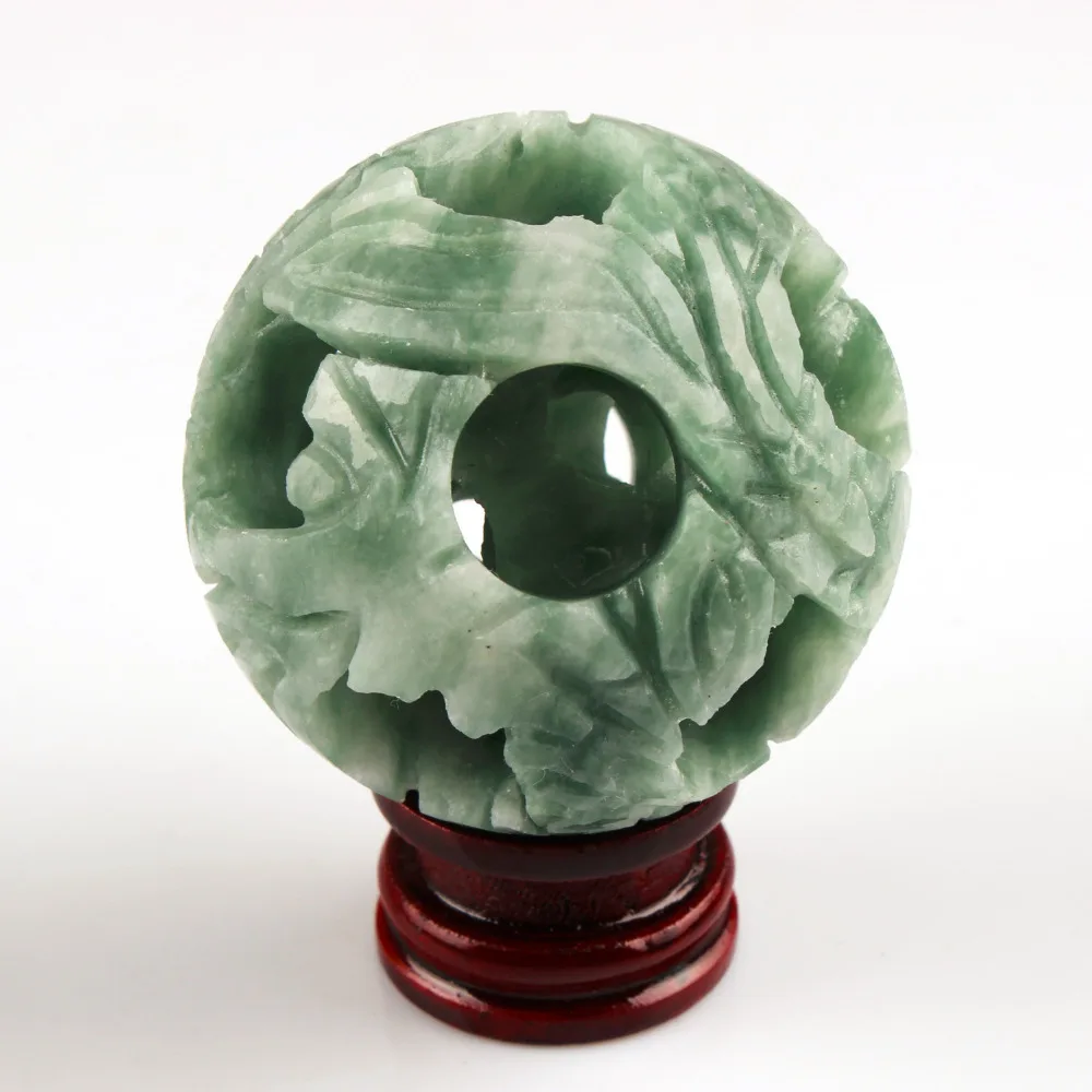 

2.2inch Green Spot Balls include ball Carving Sphere Wood stand Chakra Healing Reiki Natural Stone Carved