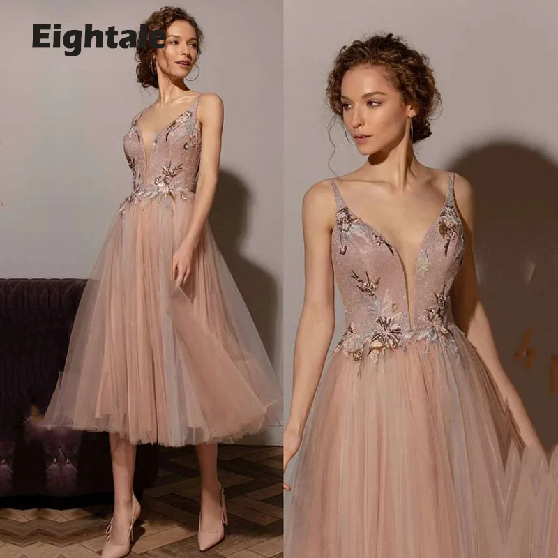 

Eightale Baby Pink Prom Dresses V-Neck A-Line Girl Party Gown Celebrity Graduation Dress Glitter Arabic Evening Gown 2021