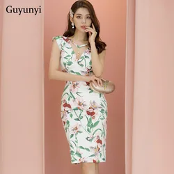 Floral Office Lady Dress Summer Fashion Party Elegant Dress Simple V-Neck Sleeveless High Waist Tight Dress Women