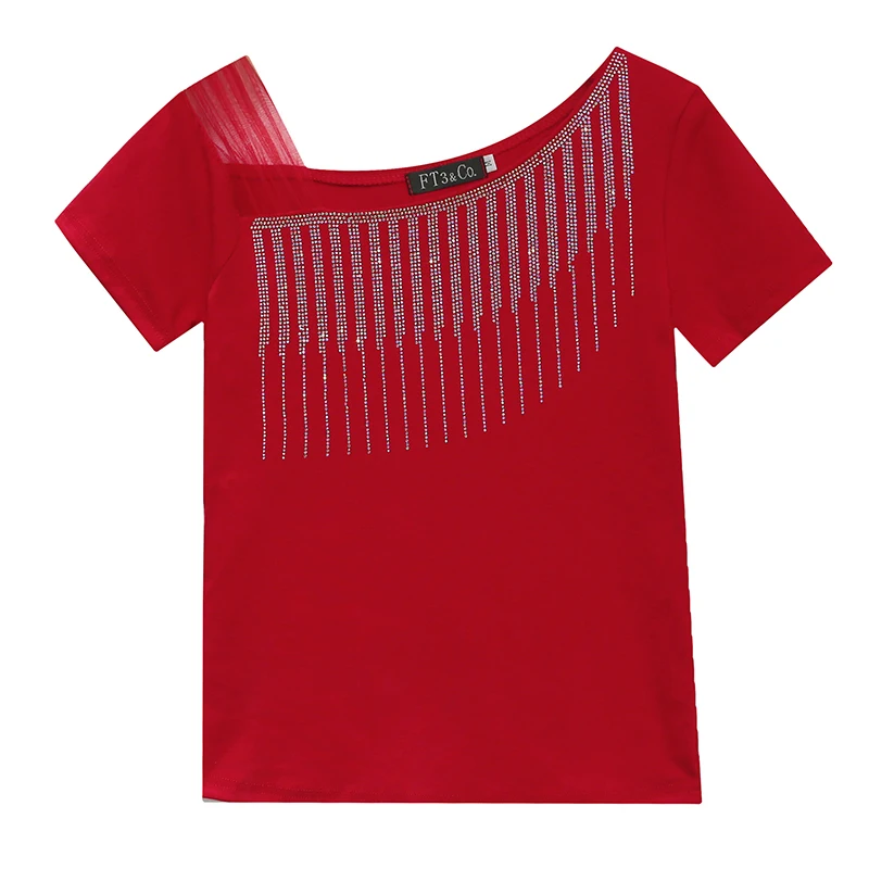 Chic Rhinestones Diamante Summer T Shirt Women Casual Tee Shirts O-neck Short Sleeve Tshirt Fashion Ladies Clothings T07806B