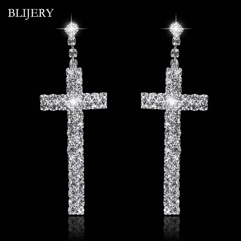 BLIJERY Fashion Cross Shape Crystal Bridal Long Earrings Silver Color Rhinestone Wedding Dangle Earrings For Women Jewelry Gifts