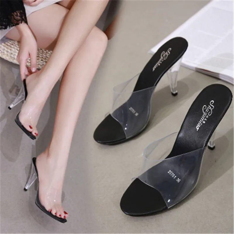 2020 PVC Women Slippers Fashion Sexy High Heeled 7/10 CM Women Sandals Clear Heels Open Toe Mules Transparent Female Party Shoes