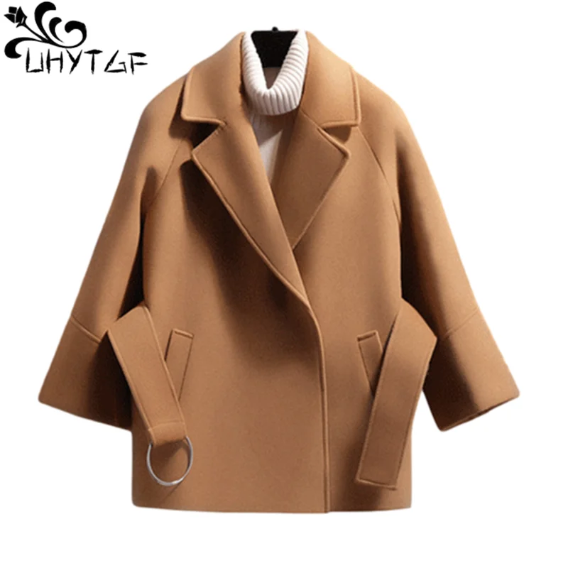 

UHYTGF Short Woolen Coat Women Suit collar Belt Cloak type Autumn Winter Jacket Overcoat Female 4XL Loose Size Tops Jaqueta 669