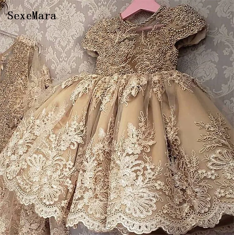 Gold Lace Christmas Girls Dress Baby Girls Cake Dresses for Party Kids 1 Year Baby Girl Birthday Dress