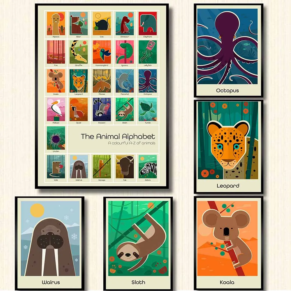 Animal Alphabet Print Retro Middle Ages 1960s Printmaking Poster Canvas Painting Children's Room Kindergarten Wall Home Decor