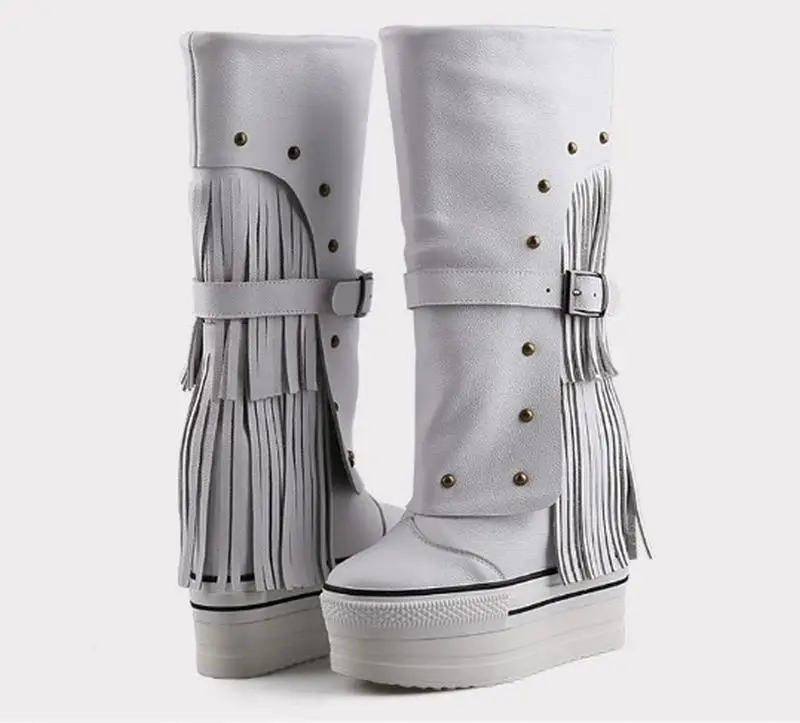 Cyabmoz Winter Snow Boots Shoes Woman Genuine Leather Tassel Rivet Party High heels Height increasing Short Boots Women Shoes