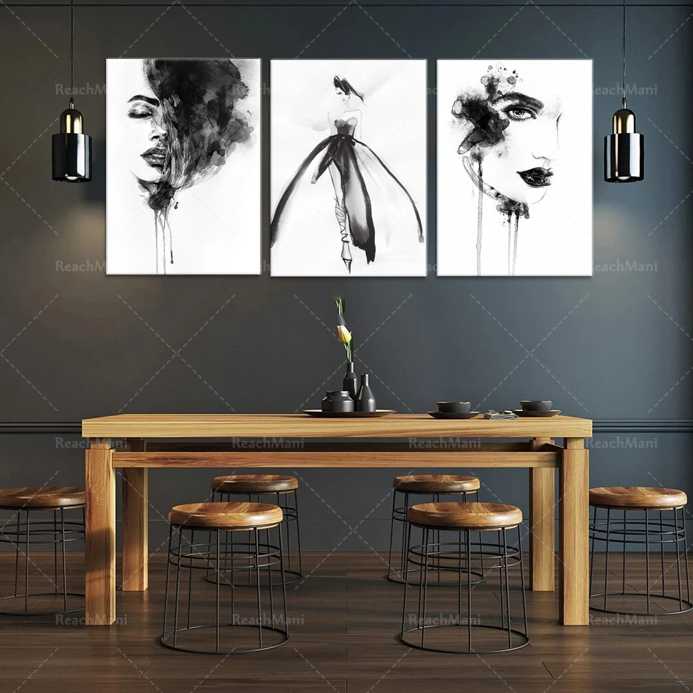 FASHION Set of 3 Black and White Prints from Watercolour Illustrations Woman Face catwalk Gallery Wall Art Print Picture Poster