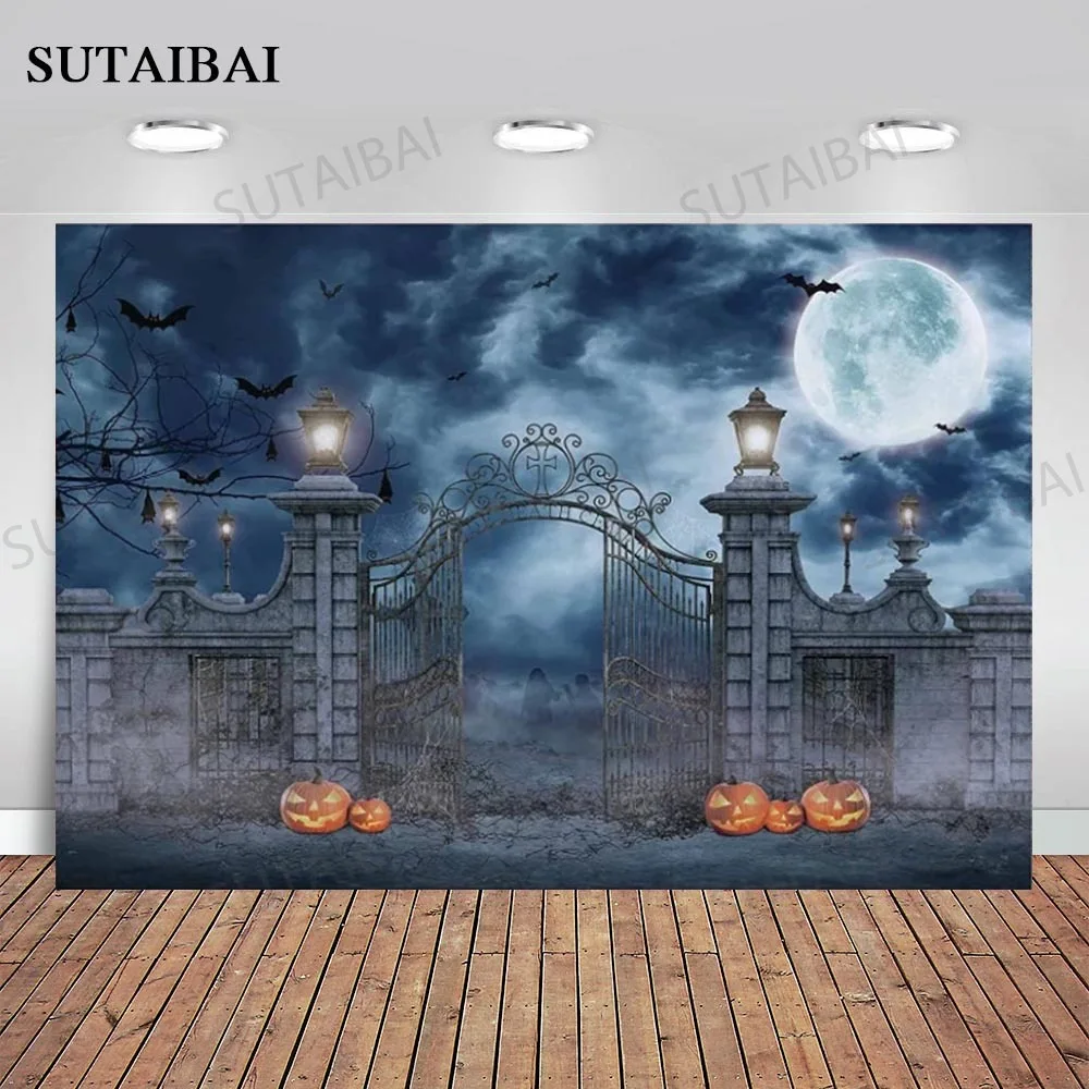 Halloween Horror Moon Night Backdrop Scary Cemetery Forest Pumpkin Bat Decoration Photography Background Holiday Party Banner