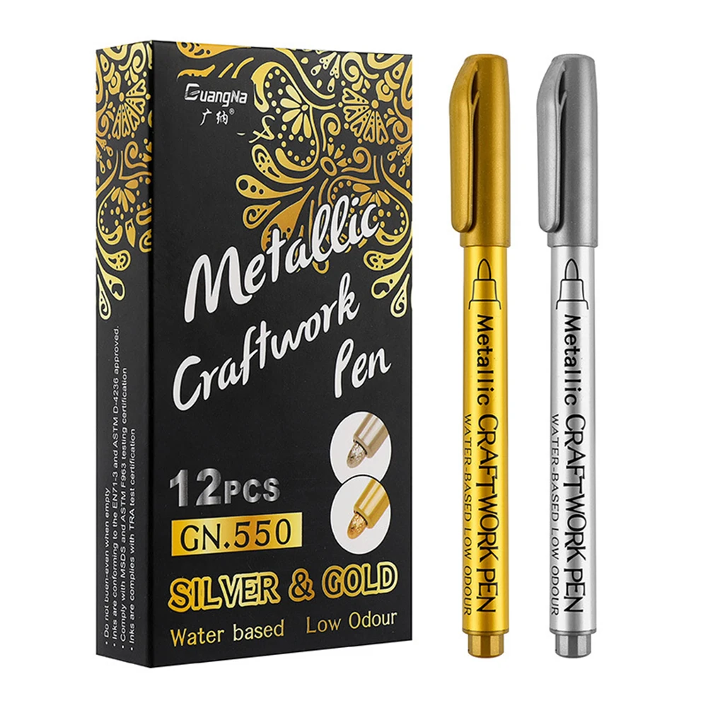 12Pcs DIY Metallic กันน้ำถาวร Marker ปากกา Gold และ Silver สำหรับวาดนักเรียนอุปกรณ์ Marker Craftwork Pen