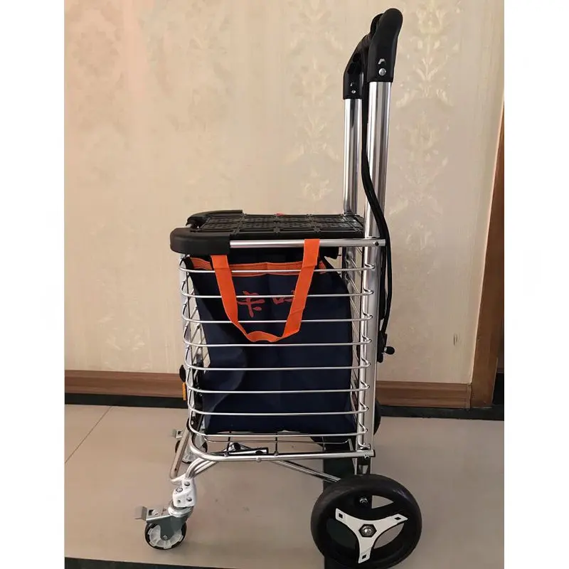 Portable Flat Land Four-Wheeled Shopping Cart, Folding Household Trolley with Cover For Groceries