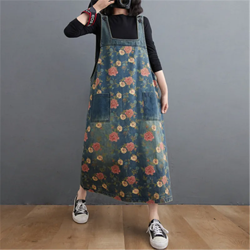 2022 Spring summer new style denim slim strap dress casual loose medium and long literary print dress women A520