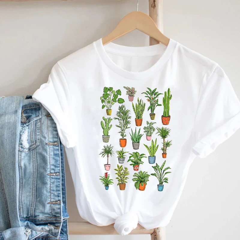 

Potted plants Women t shirt 2024 Summer O-Neck Tshirt White Short Sleeve Femme Kawaii Graphic Fashion Retro Tshirt