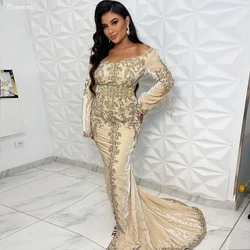 Champagne Moroccan Caftan Mermaid Evening Prom Gold Embroidery Velvet Off Shoulder Muslim Long Sleeve Formal Dress Plus Size