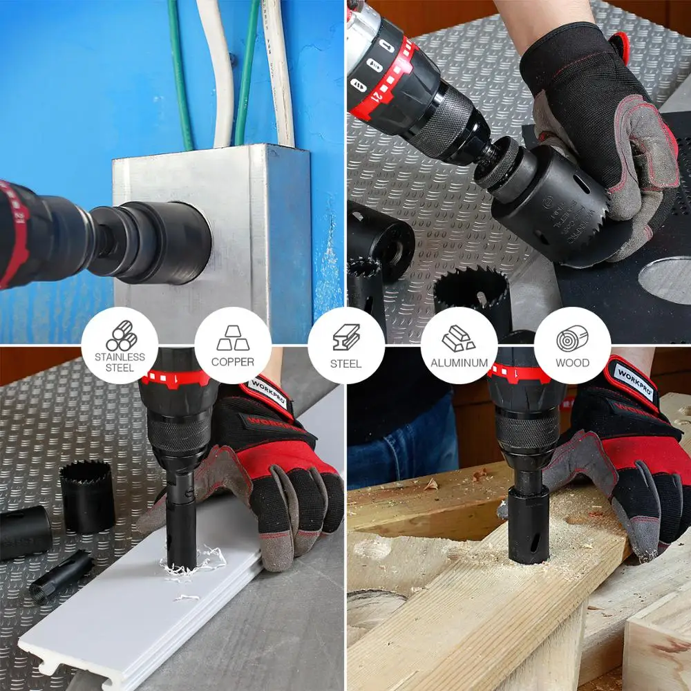 WORKPRO Lỗ Cưa 9PC HSS Mũi Khoan Lõi Phổ Lỗ Saw Thiết Lập Tốc Độ Cao Thép Carbide Mẹo Lỗ Saw răng Cho Kim Loại Gỗ