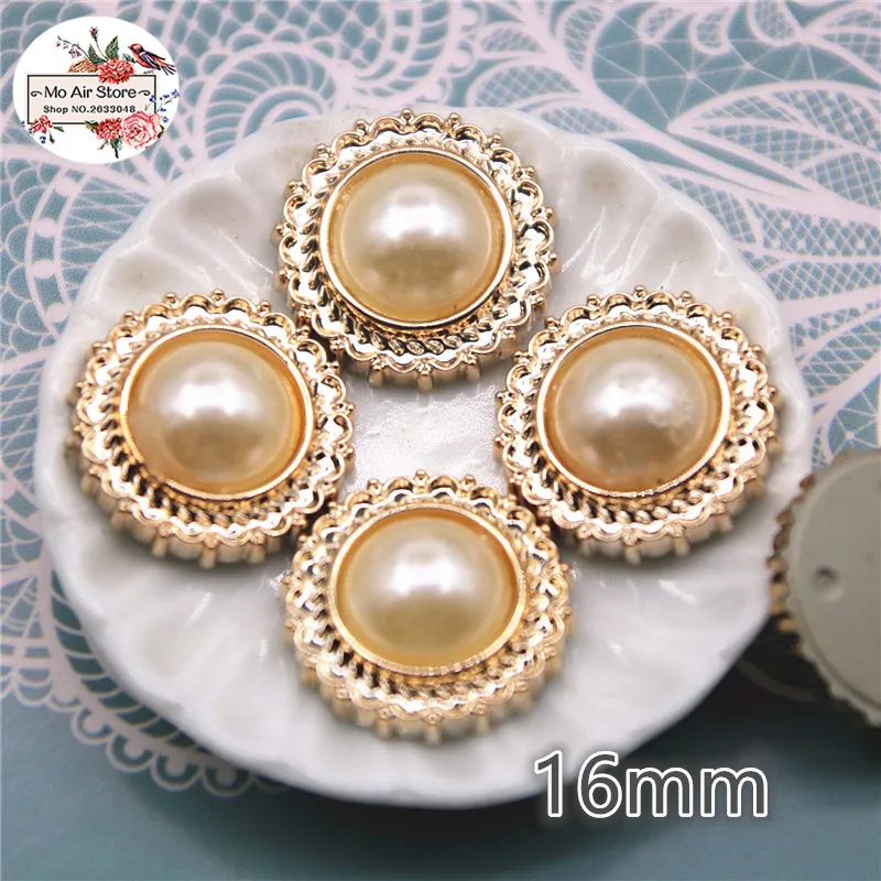 30pcs 16mm round delicate pearl golden Buttons Home Garden Crafts Cabochon Scrapbooking DIY Accessories