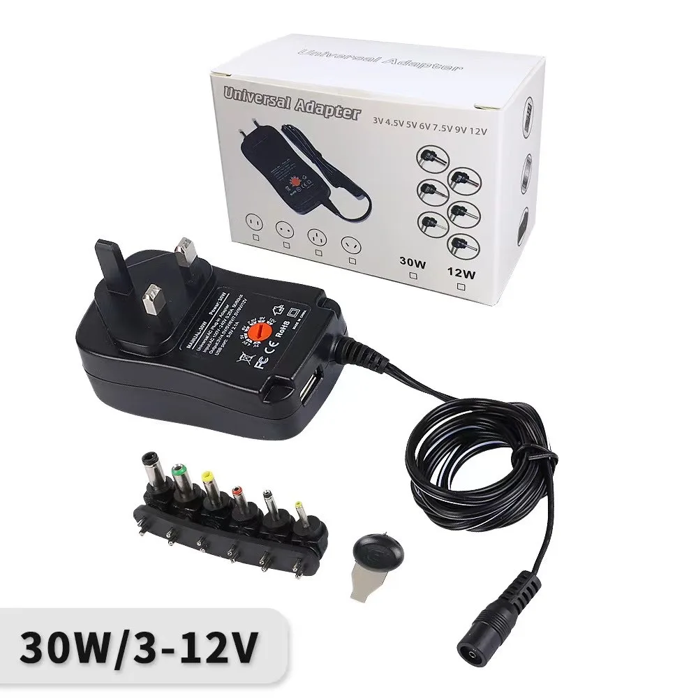 UK EU 30W Universal Power Adapter 3V 4.5V 5V 6V 7.5V 9V 12V AC DC Charger Converter 5V 2.1A USB Port With 6Pcs Jack Connector