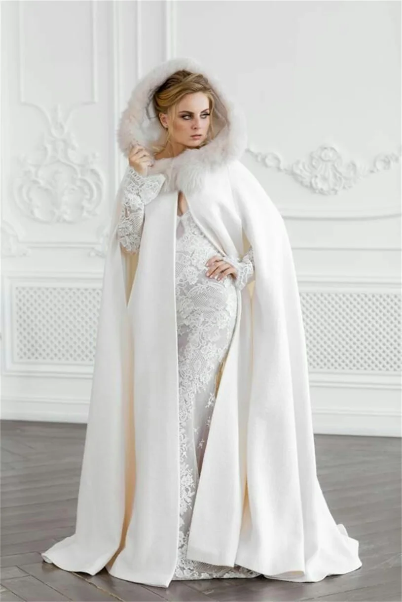 Ivory Hooded Wedding Cloak Warm Long Fur Winter Bridal Cape Custom Made Bride Bolero Wedding Wrap