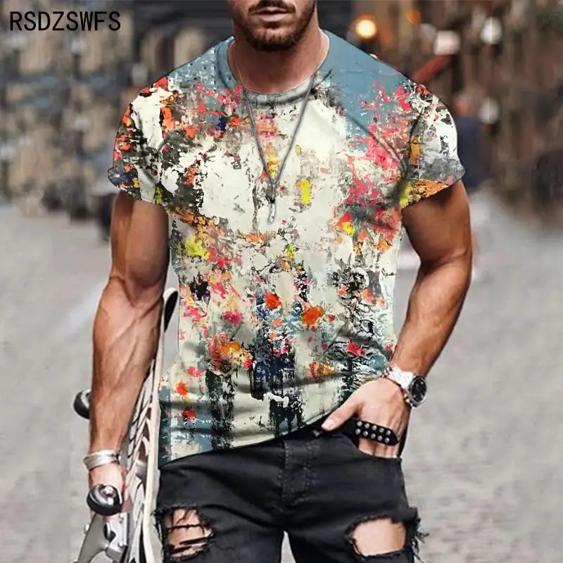 New men's printed T-shirt European American street trend mixed color printed graffiti skateboard style top Asian size XXS-5XL