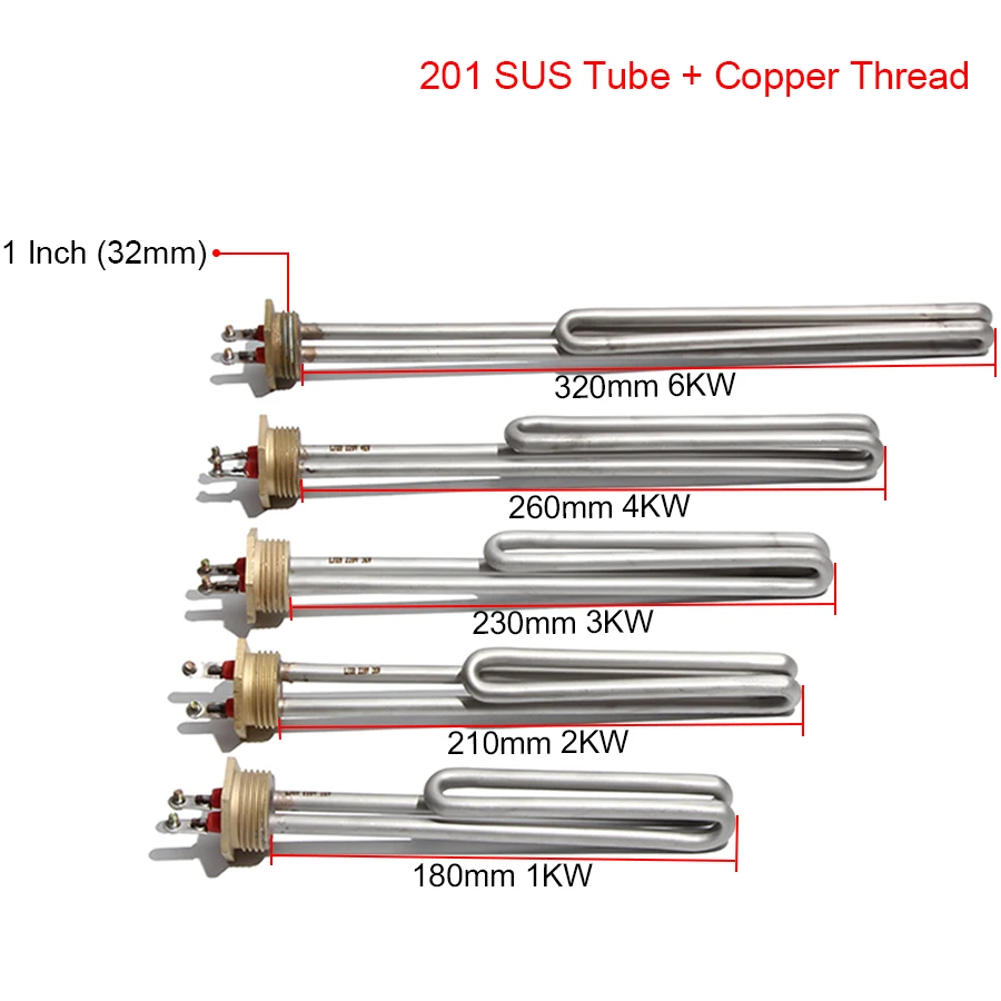 1 Inch/32mm/DN25 Stainless Steel Copper Head Heating Tube 110/220/380V Electric Heater Element for Water Boiler 1/2/3/4/6KW