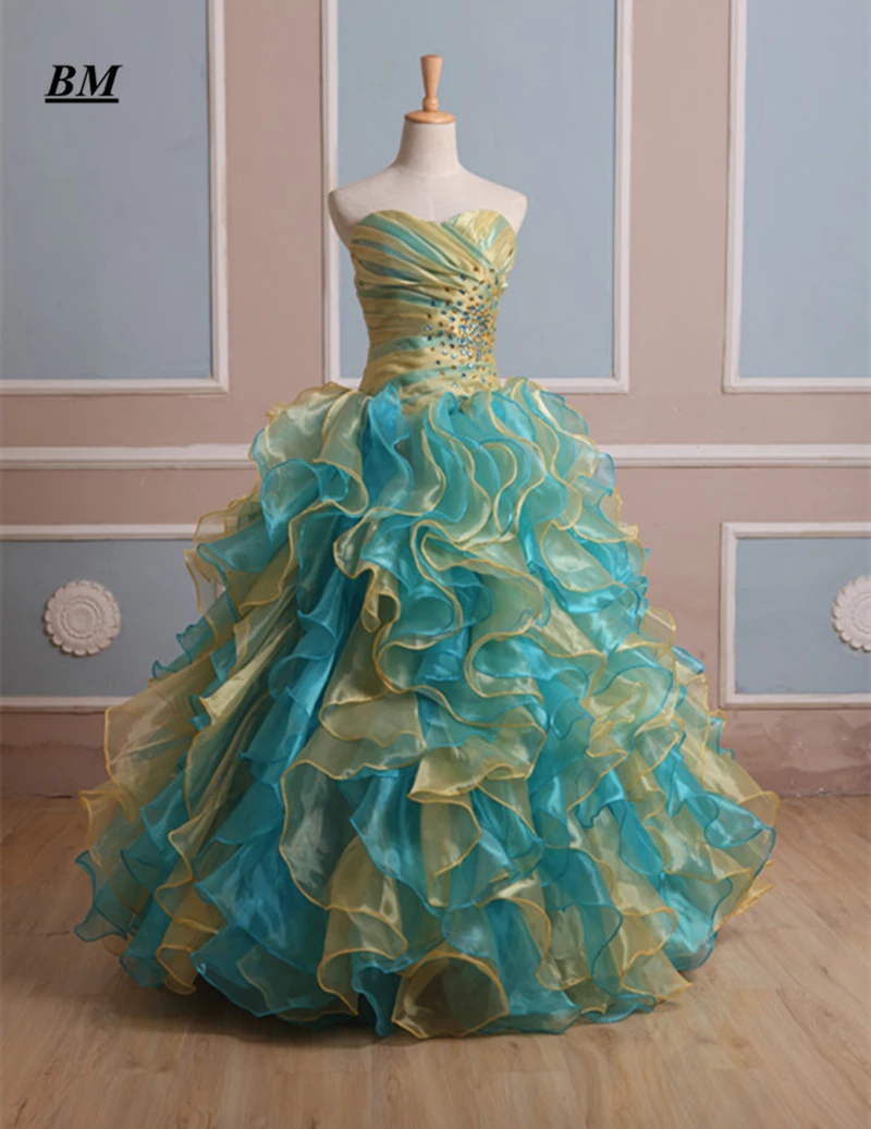 

2021 Stock Blue Gold Quinceanera Dresses Ball Gown Beaded Sweet 16 Dresses Formal Prom Party Gown Vestido De 15 Anos BM61