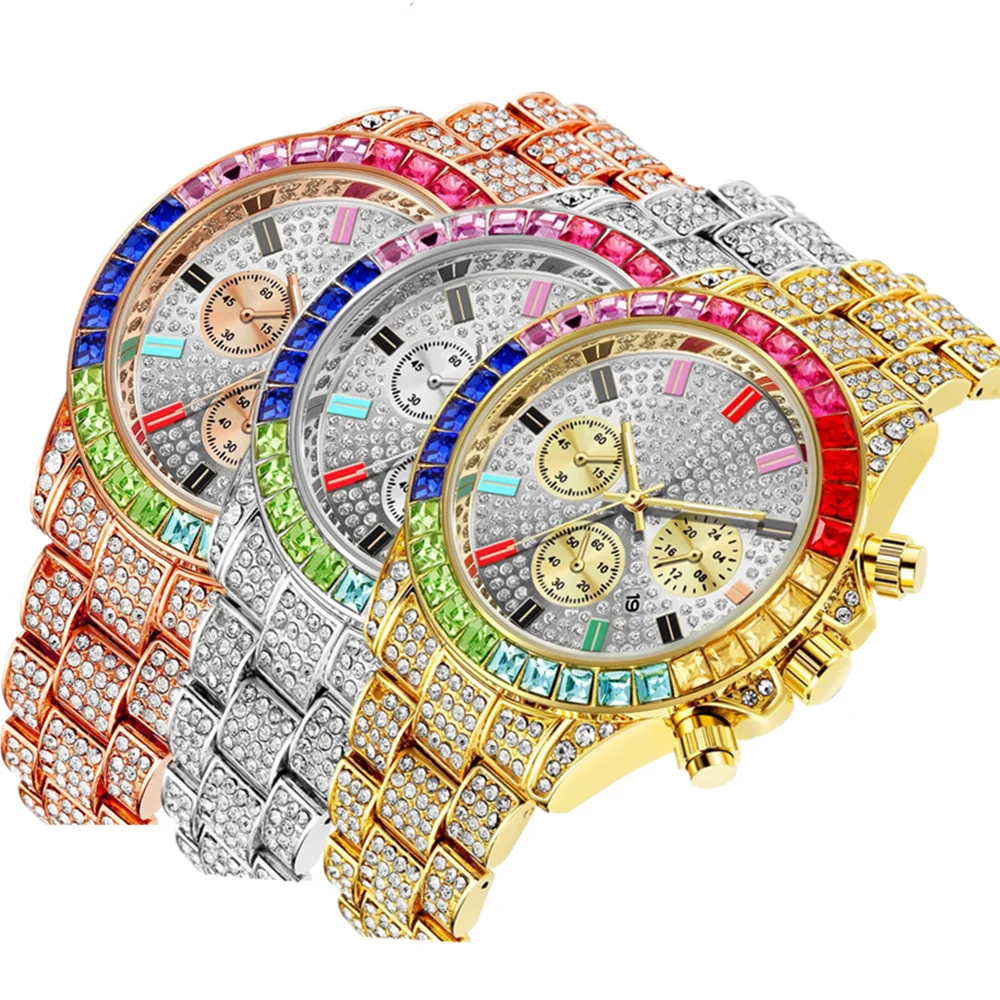 Watches for Men Women Luxury Iced Out Watch Clocks Fashion Colourful Watch Quartz Square Wristwatch Hip Hop Watch Men Gift Reloj