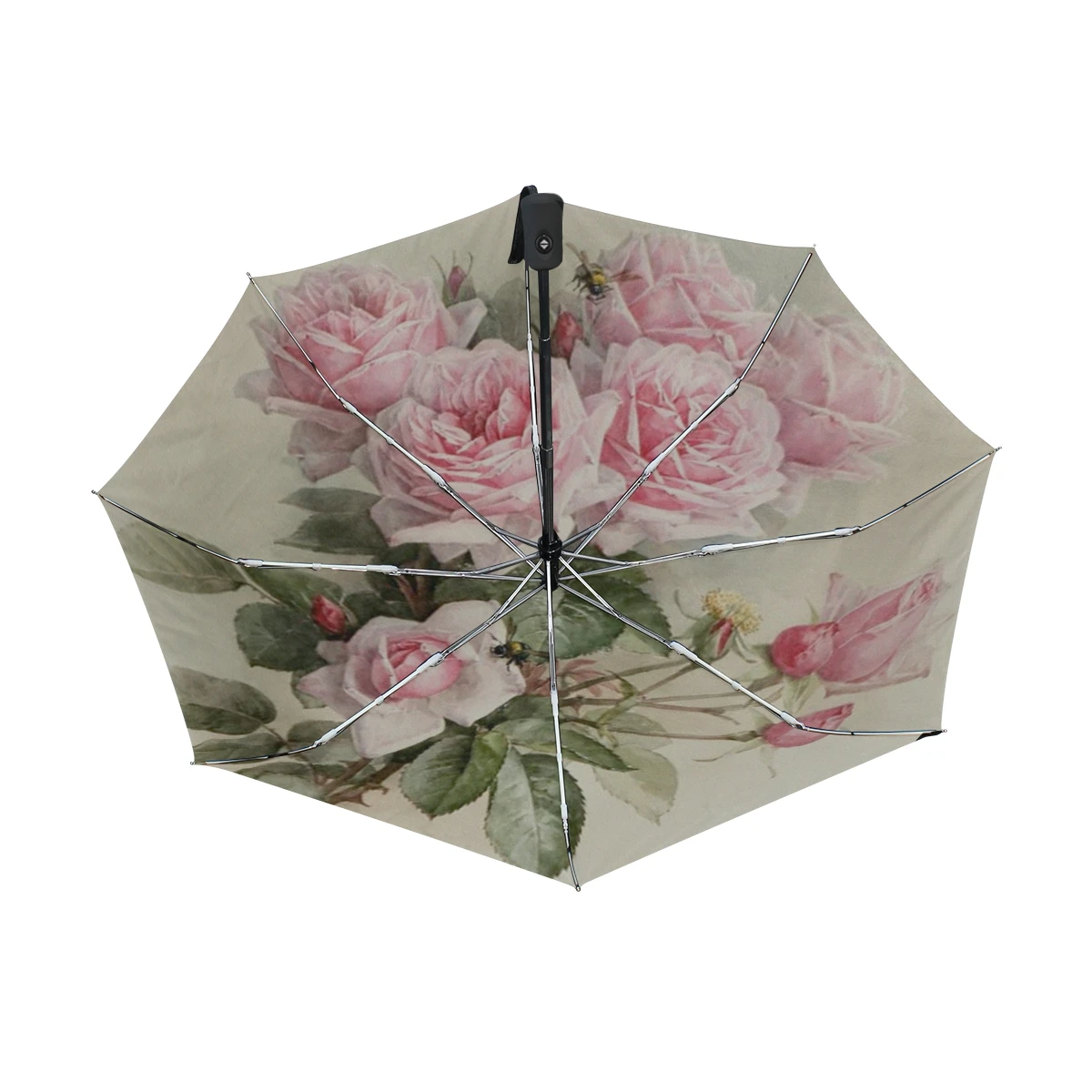 Vintage Shabby Floral Print Women Rain Umbrella Chic Pink Rose Three Folding Girl Durable Portable Umbrella Automatic Parapluie