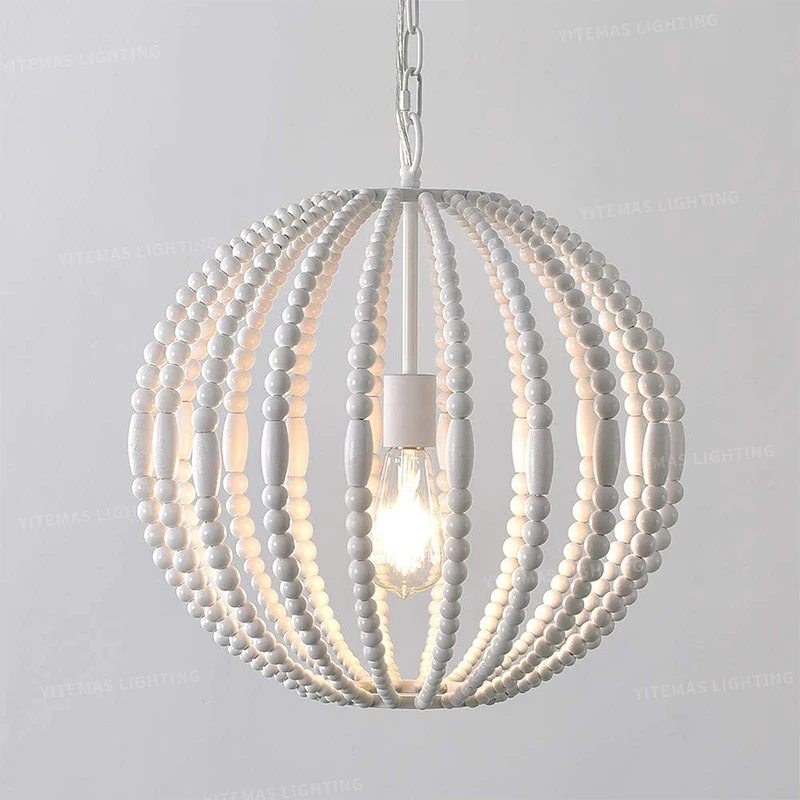 White Wooden Beads Chandelier Shinning Modern Single Pendant Chandeliers Dining Room Kitchen Hanging Lighting Suspension Nordic