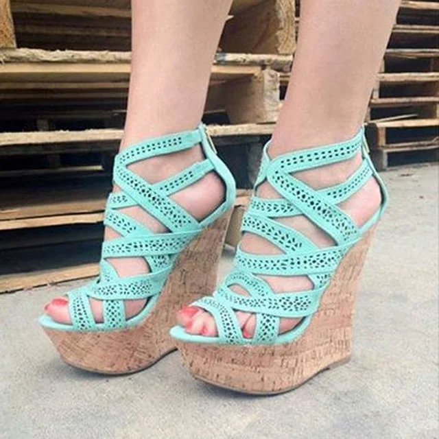 

Fashion Women Suede Perforated Strap Crossed Wedge Heel Sandals Wooden Pattern Platform Gladiator Peep Toe Beach Sandals Shoes