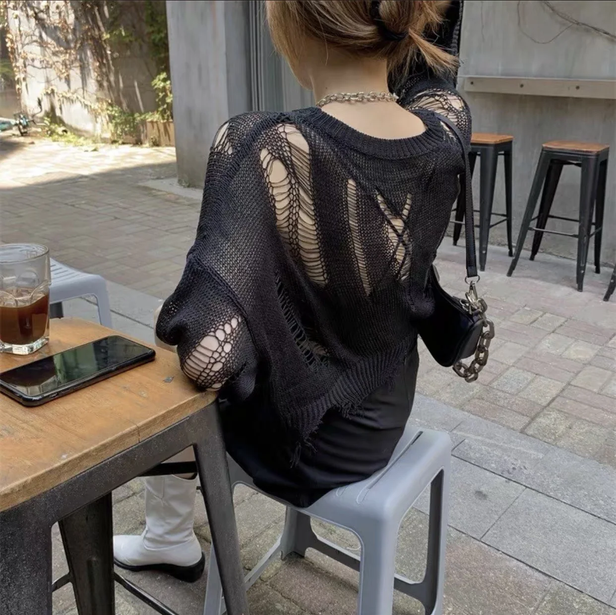 2021 New Hollow Out Holes Knitted Pullover Loose Black Thin Asymmetric Hot Girls Sexy Chic Crop Top Short Sweater Jumper Women