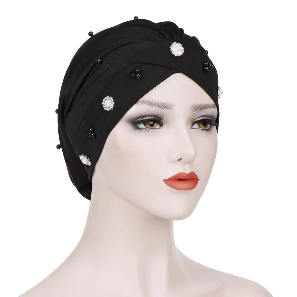 New Women Muslim Beads Cancer Cap Hat Bonnet Turban Headscarf Wrap Cap Hair Loss Elastic Skullies Beanies Arab Cover Fashion