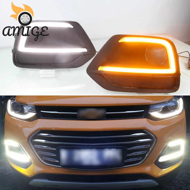 

12V LED DRL Daytime Running Light For Chevrolet Trax 2017 2018 Yellow Turnning Signal Headlight Bumper lamps Daylights Amige