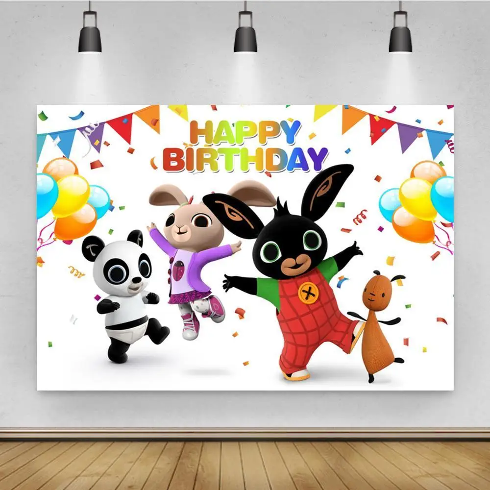 Dancing Bunny Panda Balloon Hanging Flag Background Girl Birthday Party Decoration Photography Studio 3D Digital Backdrop Cloth