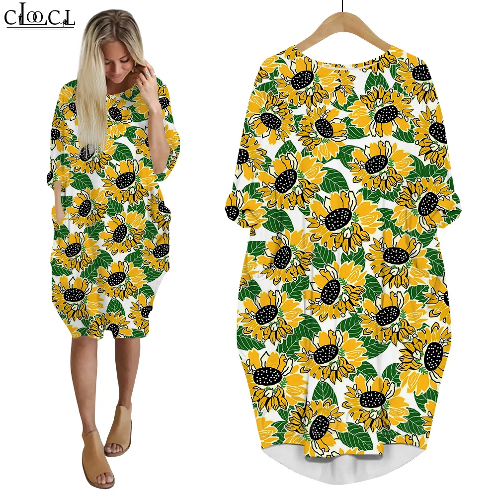 CLOOCL Women Dress Beautiful Sunflower Yellow Flowers 3D Printed Loose Daughter Dresses Long Sleeve Casual Pocket Female Dress