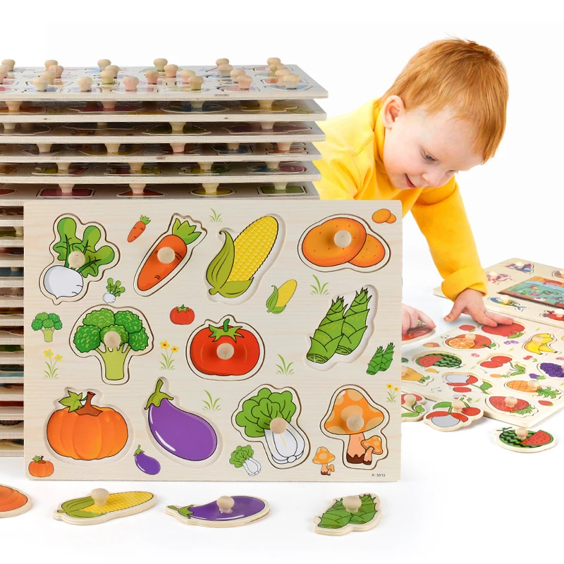 Rompecabezas de madera Montessori para bebé con dibujos animados, Tabla de madera con elementos de agarre manual, con dibujos de animales,