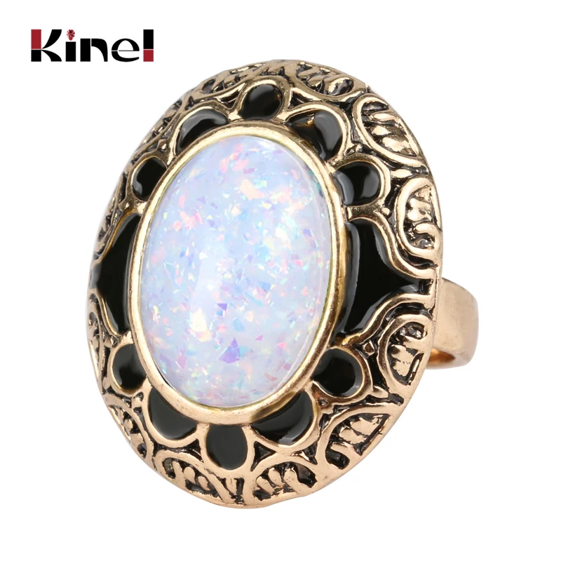 Kinel Hot Vintage Opal Stone Rings For Women Fashion Antique Gold Black Enamel Oval Ring Bohemian Jewelry