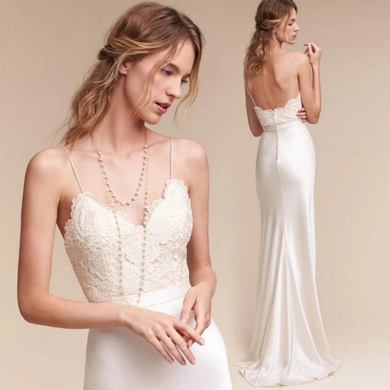 

#9295 Elegant Spaghetti straps Sheath V-Neck Plain Satin Lace Sleeveless Bridal Dress Backless Women Wedding Gown