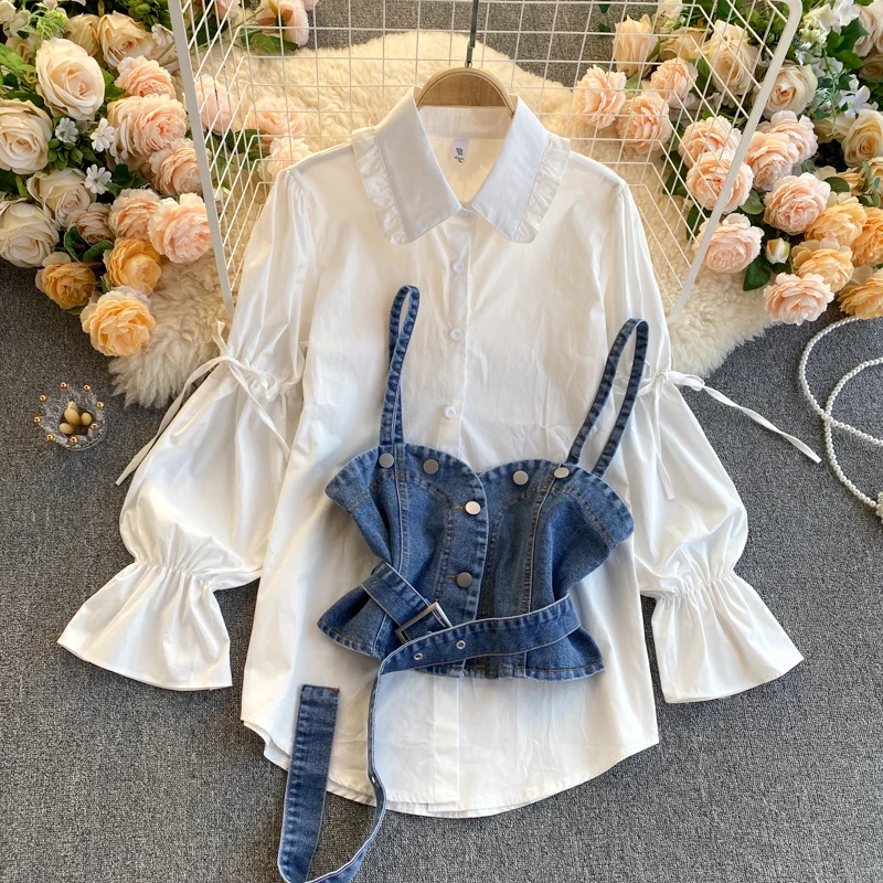 Retro Denim Vest and Shirt 2Pcs Women\'s Set 2021 Ruffle Lace Up Bubble Sleeve Loose Shirt Denim Suspender Vest Two-piece Set