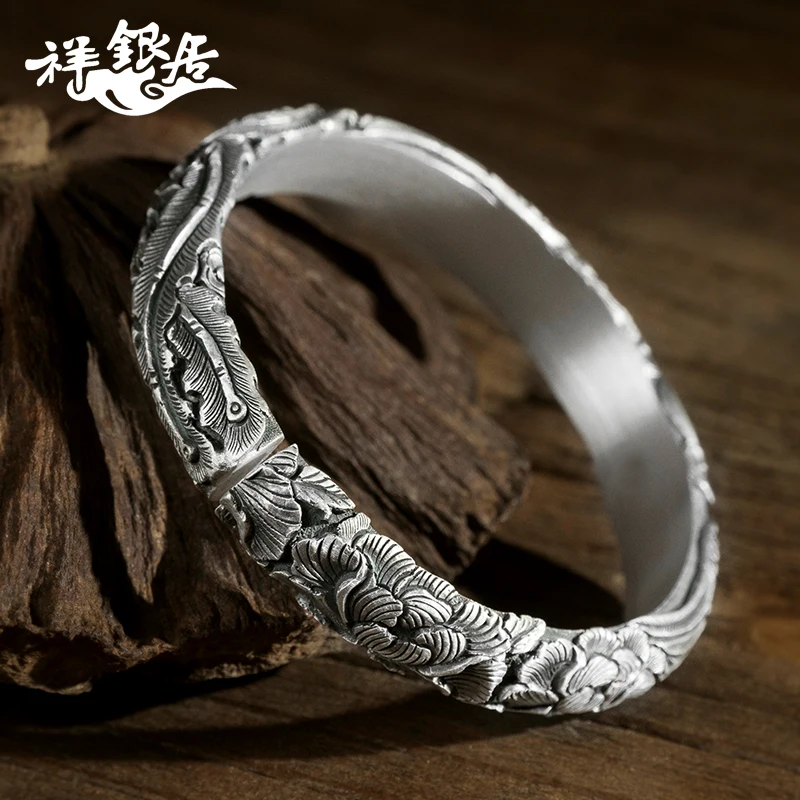 ★Xiangyinju s999 hand carved peony flower silver bracelet Phoenix wear peony pure silver bracelet original Retro