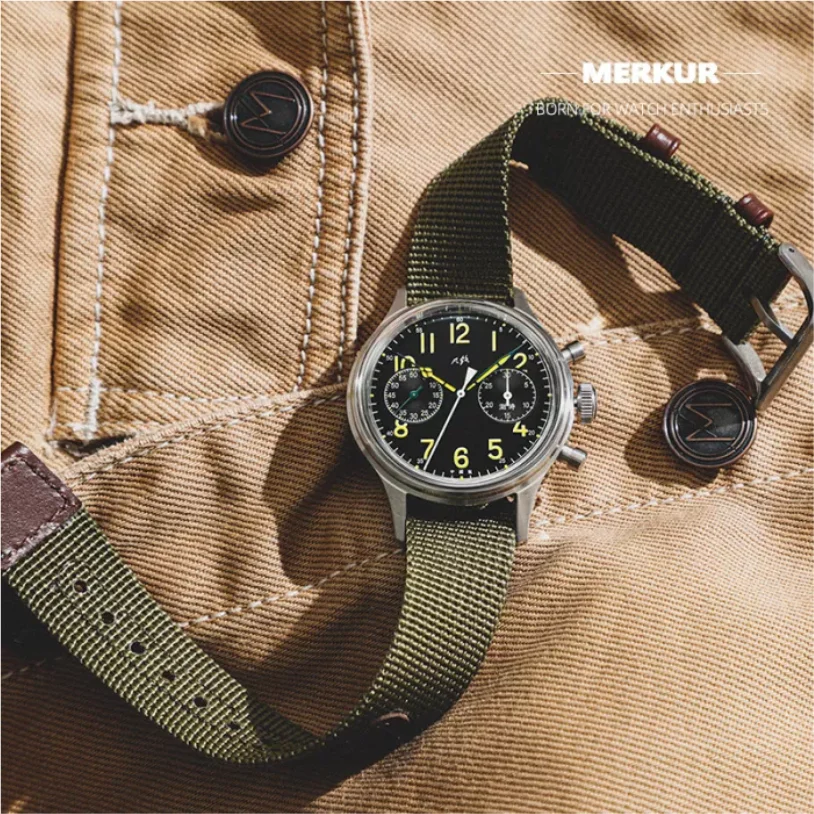 Merkur Retro 70 Vintage Chronograph Mechanical Men\'s Complicated Acrylic 38MM Small Luxury Classic Wrist Watch