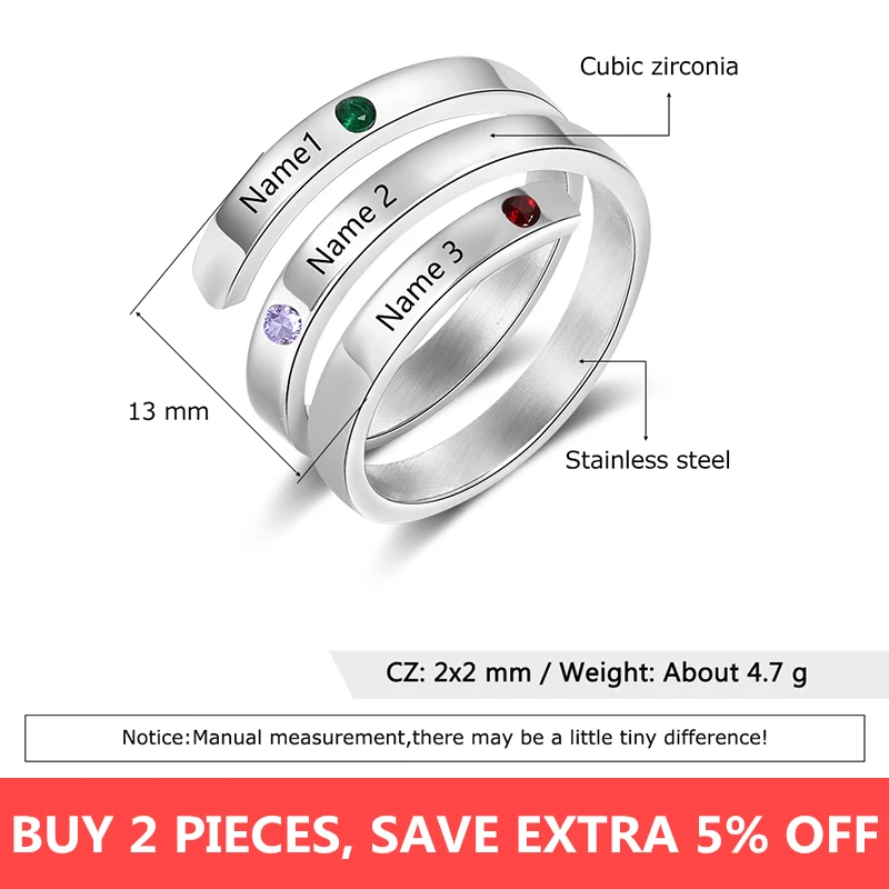 Personalized Family Gift Customized Mother Ring with 3 Birthstones Engraved Name Ring Female Fashion Jewelry (JewelOra RI103804)