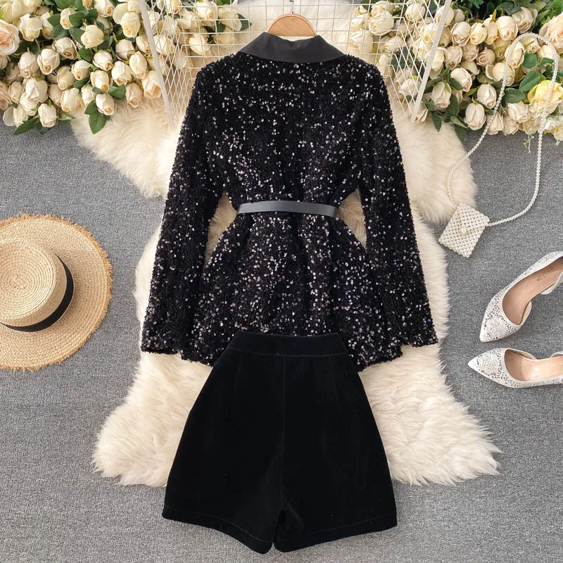 2024 spring autumn new double-breasted suit coat women bling glittering sequined suit jacket + wide leg shorts suit 2-piece set