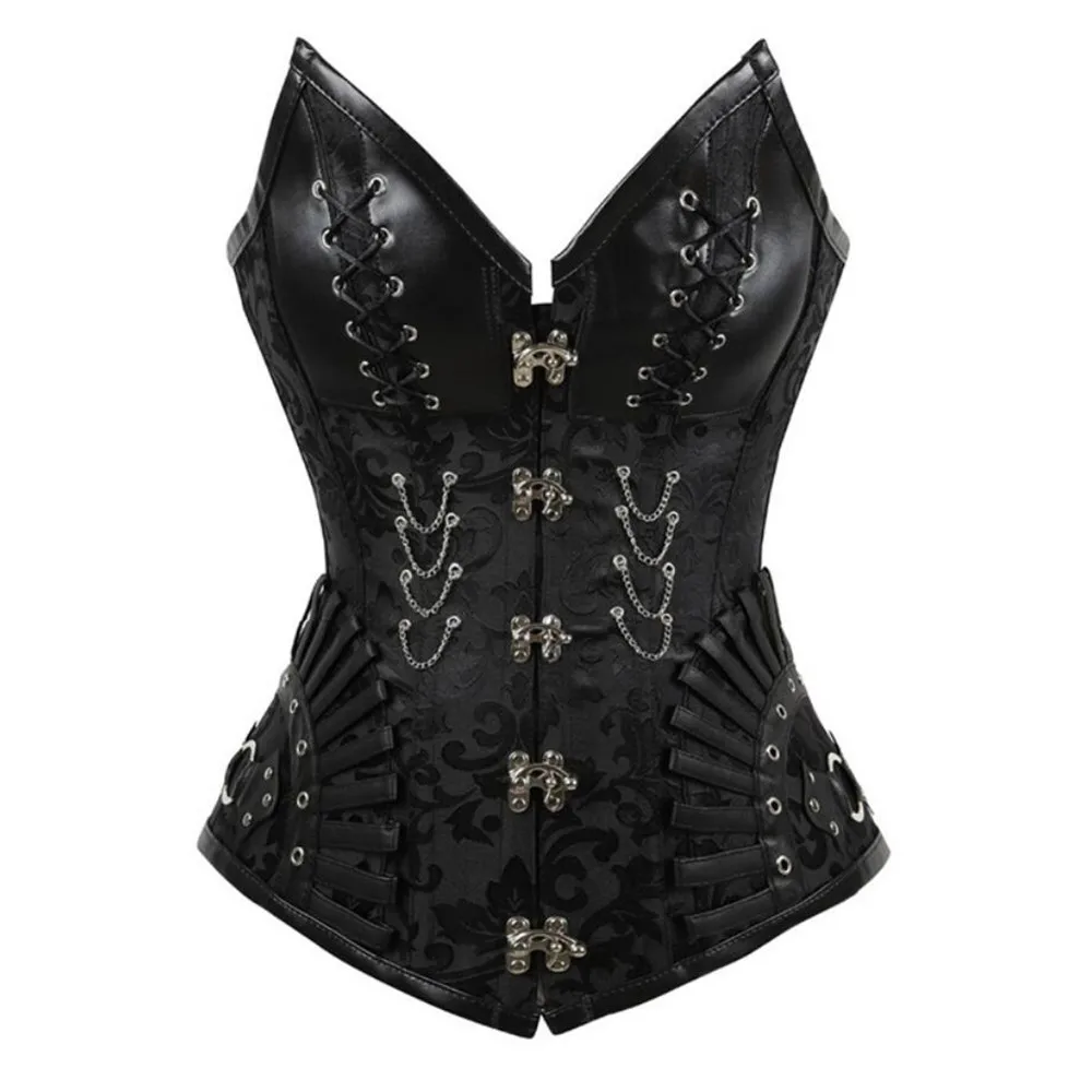 

Black Faux Leather Corsets Top Corselet Plus Size Overbust Women Steampunk Corset and Bustiers Waist Trainer Gothic Corselet