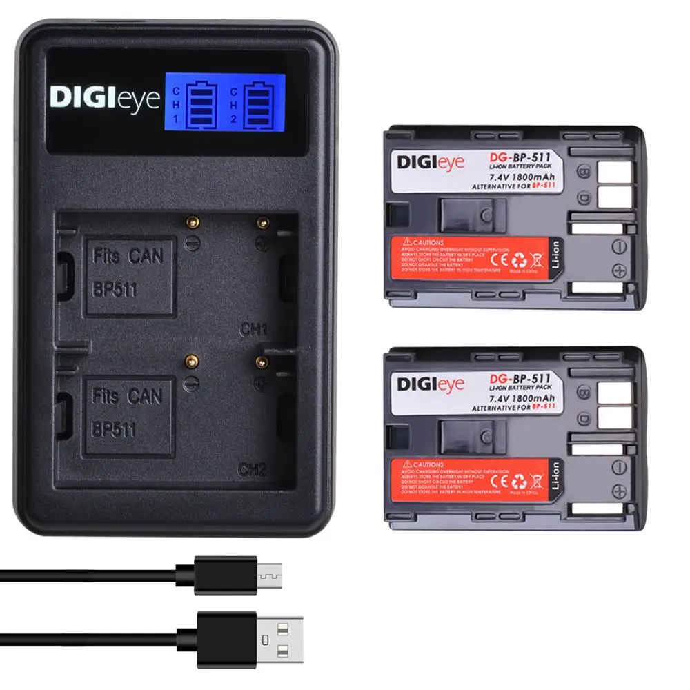 

DIGIEYE 1800mAh BP-511 BP-511A BP511 Batteries + LCD Dual Charger for Canon EOS 50D 40D 30D 20D 10D 5D 300D PowerShot G6 G5 G3