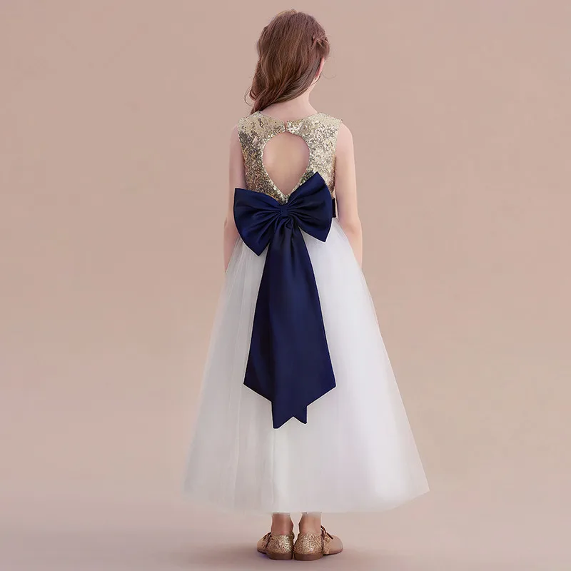 Dideyttawl Customized White Tulle Gold Sequins Party Gowns For Girls Open Back Flower Girl Dress For Birthday Party Performance