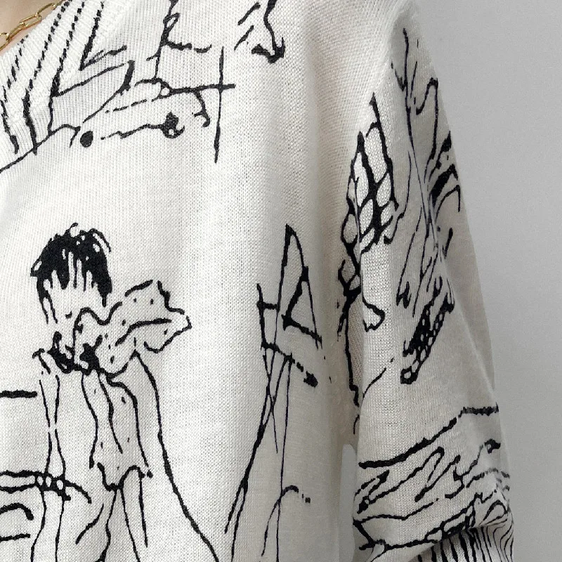 Graffiti Digital Jacquard Fine Imitation Fashion Wool Knitted Cardigan Women\'s 22 Spring Autumn Thin Loose Jacket Trendy Sweater